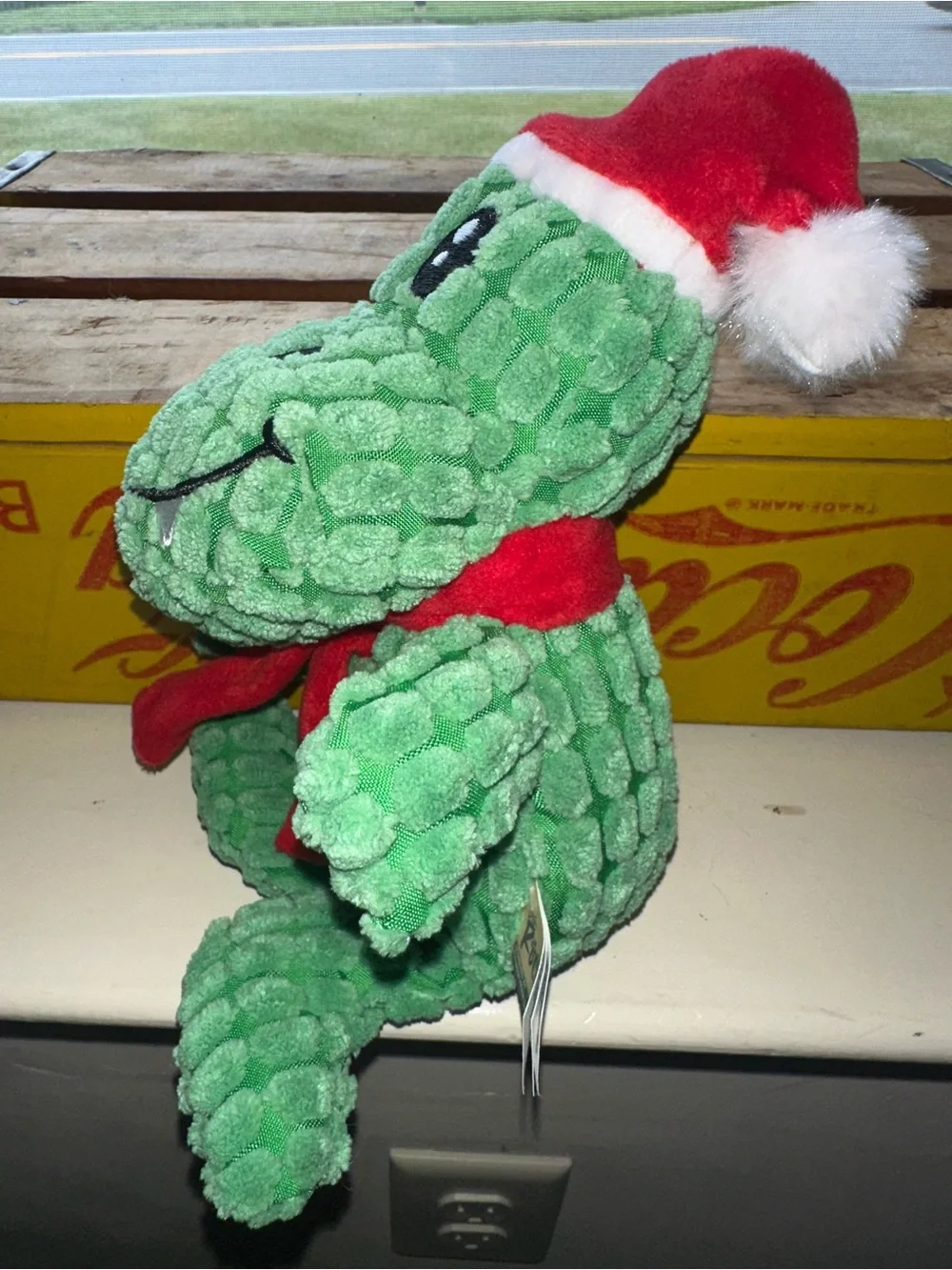 Green Plush Alligator Dog Toy with Red Santa Hat - Soft Chew Toy